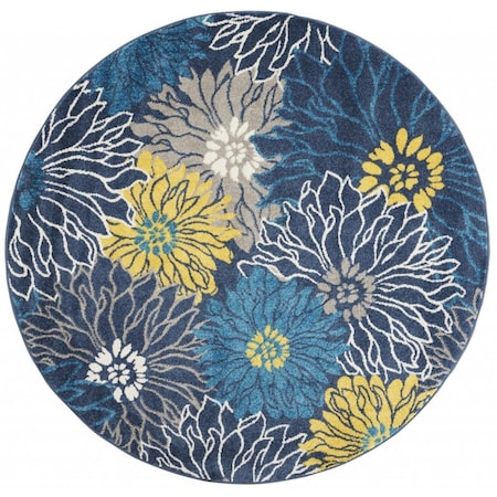HomeRoots 100% Polypropylene 4??? Round Blue Tropical Flower Area Rug